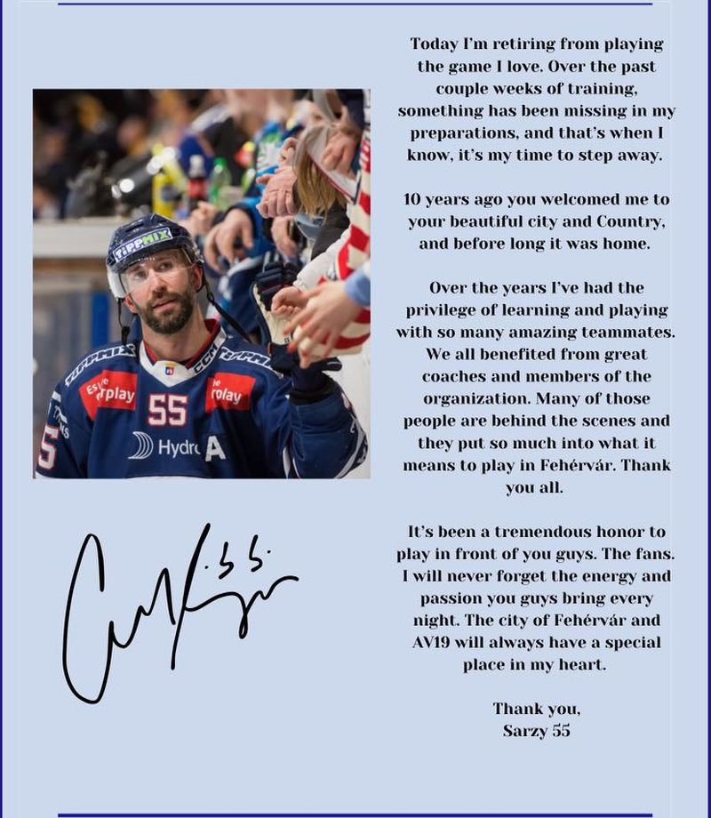 Andrew Sarauer a fehérvári hoki kanadai legendája visszavonul